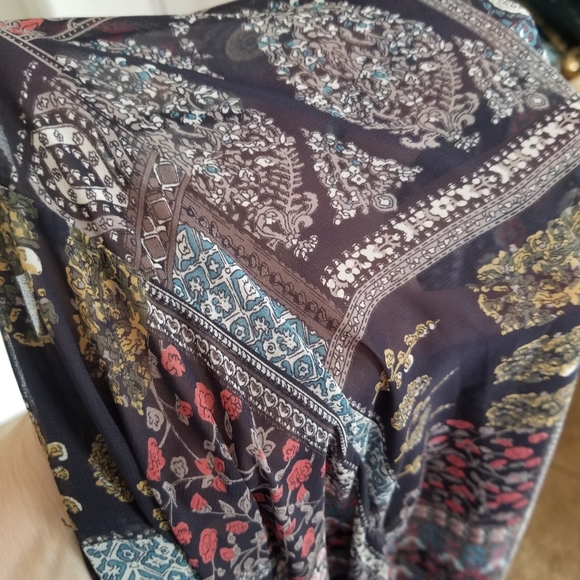 BoHo paisley, lace and fringed topper, semi-sheer, gypsy/hippie chick style sz L - Picture 8 of 9